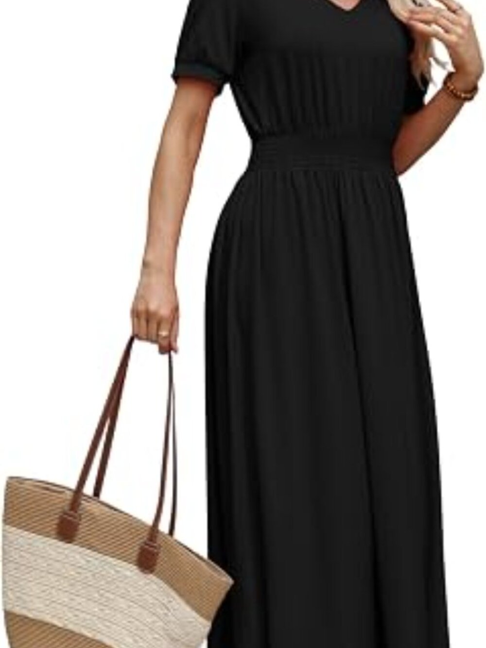 Maxi Dresses for Women V Neck Ladies Midi Long Dress A Line Smocked Waisted Casu - Picture 4 of 5